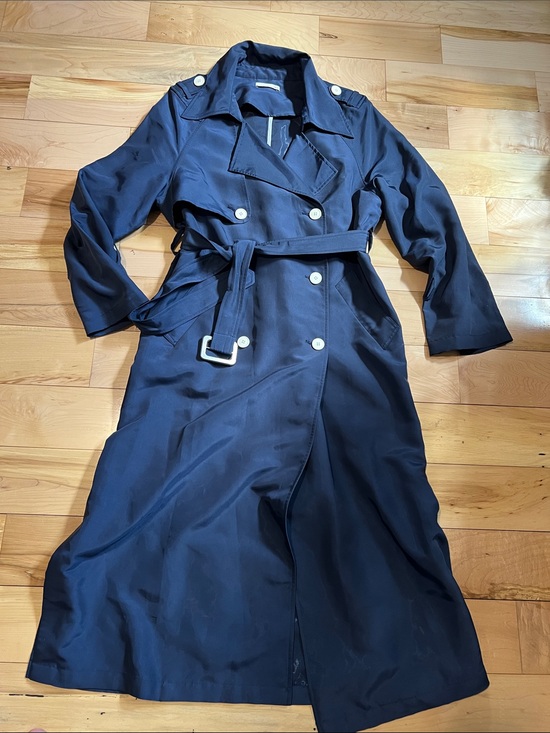 Jackets & Blazers - Navy Double-Breasted Trench Coat with Belt